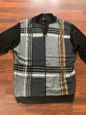 SilverSilk Men’s XL Sweater Black Cream Tan Plaid Pullover 1/4 Button High Neck